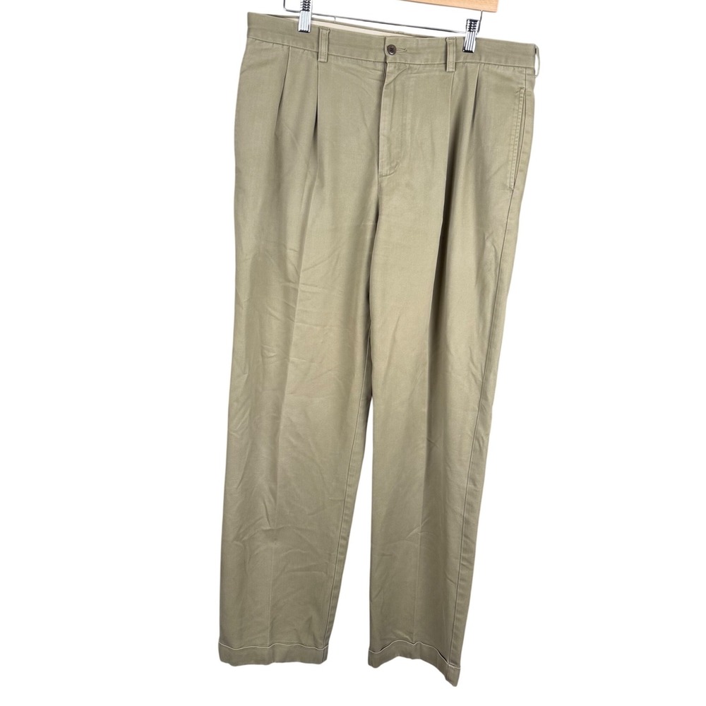 Brooks Brothers Mens 36x34 Khaki Tan Pleated Cuffed Cotton Chino Pants Trousers
